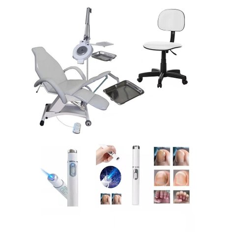 Kit Cadeira Podologia Semi Elétrica Bandejas Mocho com Caneta de Luz