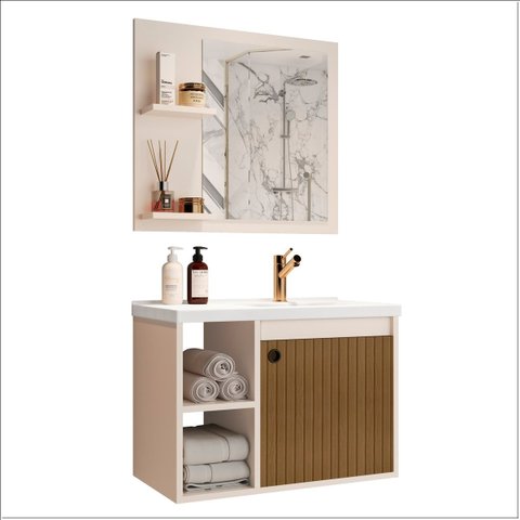 Conj Gab C/ Espelheira e Cuba para Banheiro 60cm Adonis Ofertamo Pérola/ripado