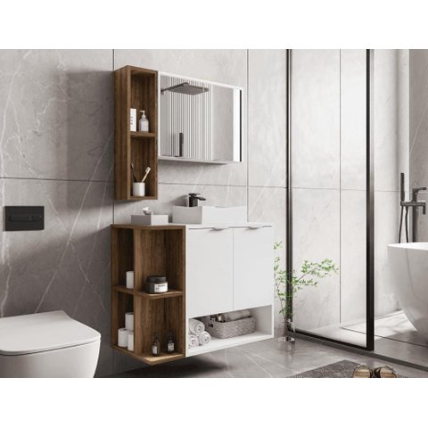 Conj Banheiro Gabinete e Espelheira Ibiza Branco Naturalle