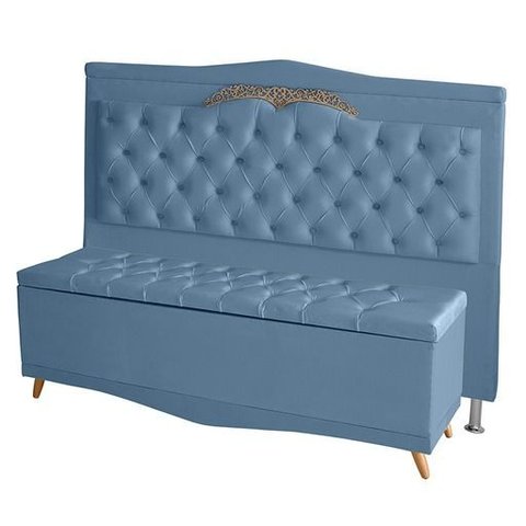 Kit Cabeceira de Cama Box e Calçadeira Baú Madri King 195 Cm Suede Azul Bebê Eli Móveis e Decoração