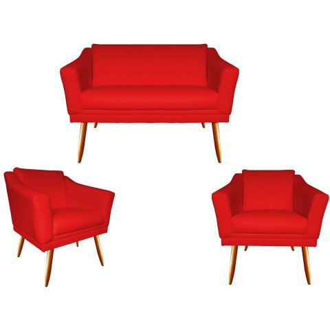 Kit Namoradeira + 2 Poltronas Decorativa Agatha Suede Vermelho Pés Madeira Ms Decor