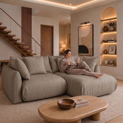Sofá Cama Modular Orgânico Retrátil 4 Lugares com Almofadas 240cm Malibu