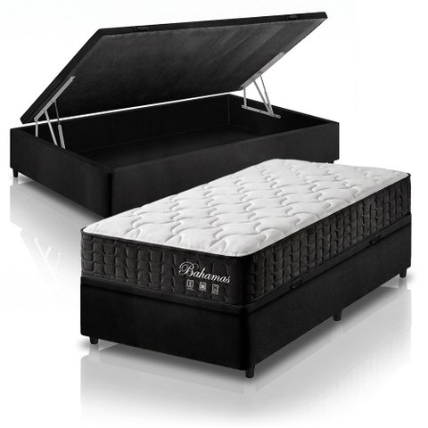 Cama Box Baú Solteiro King Preto + Colchão Molas Ensacadas Zidi Bahamas 96x203x66cm