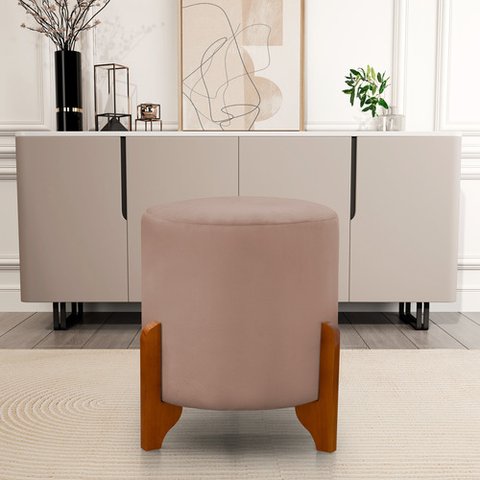 Puff Redondo em Veludo com Pés em Madeira Maciça Decorativo Sala Quarto - Rosa Claro