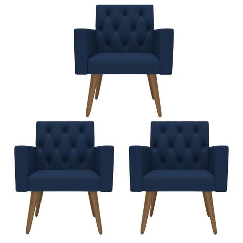 Design Exclusivo na Sala de Espera: Kit 3 Poltronas Capitonê Azul-marinho