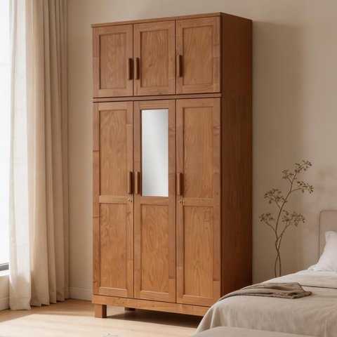 Guarda Roupa Solteiro Lorie F06 6 Portas de Bater 2 Gavetas Madeira Maciça Castanho Lyam Decor