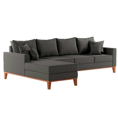 Sofá Beny com Chaise Esquerda, 1,40x2,60m, 4 Lugares, Linho, Base em Madeira. (grafite)