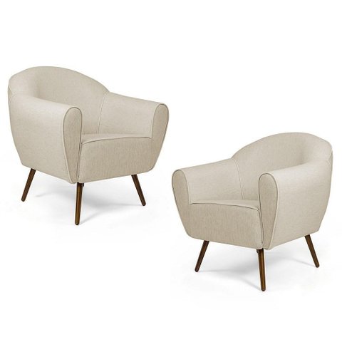 02 Poltronas Nina Pés Palito Madeira C-107 Linho Bege Domi