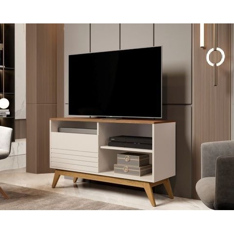 Rack Bancada Retrô TV até 46 Polegadas com 1 Porta e Nichos Wood Fenix:Off White/Freijó
