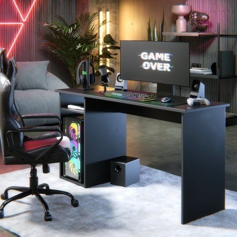 Mesa Escrivaninha Gamer Hunder Preta 115cm com Nichos e Espaço para Cpu