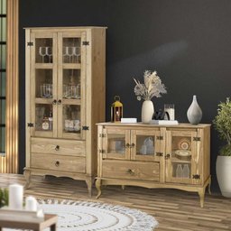 Conjunto Cristaleira e Balcão Madeira Maciça Reforçada Mel - 4 Conjunto Cristaleira e Balcão Madeira Maciça Reforçada Mel - 4