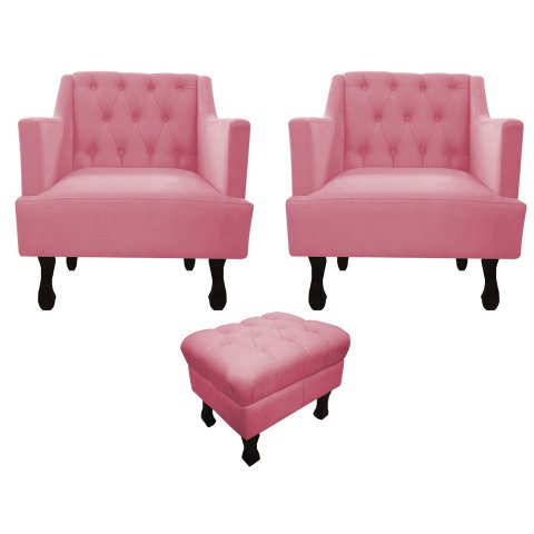 Kit 2 Poltronas Decorativa Julia + Puff Luis Xv Suede Rosa Pés Madeira Mz Decor
