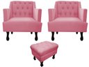 Ver imagem 1 de Kit 2 Poltronas Decorativa Julia + Puff Luis Xv Suede Rosa Pés Madeira Mz Decor