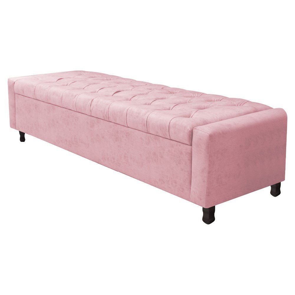 Kit Cabeceira e Calçadeira Baú Queen Everest P02 160 Cm para Cama Box Suede Rosa Bebê - Amarena - 3