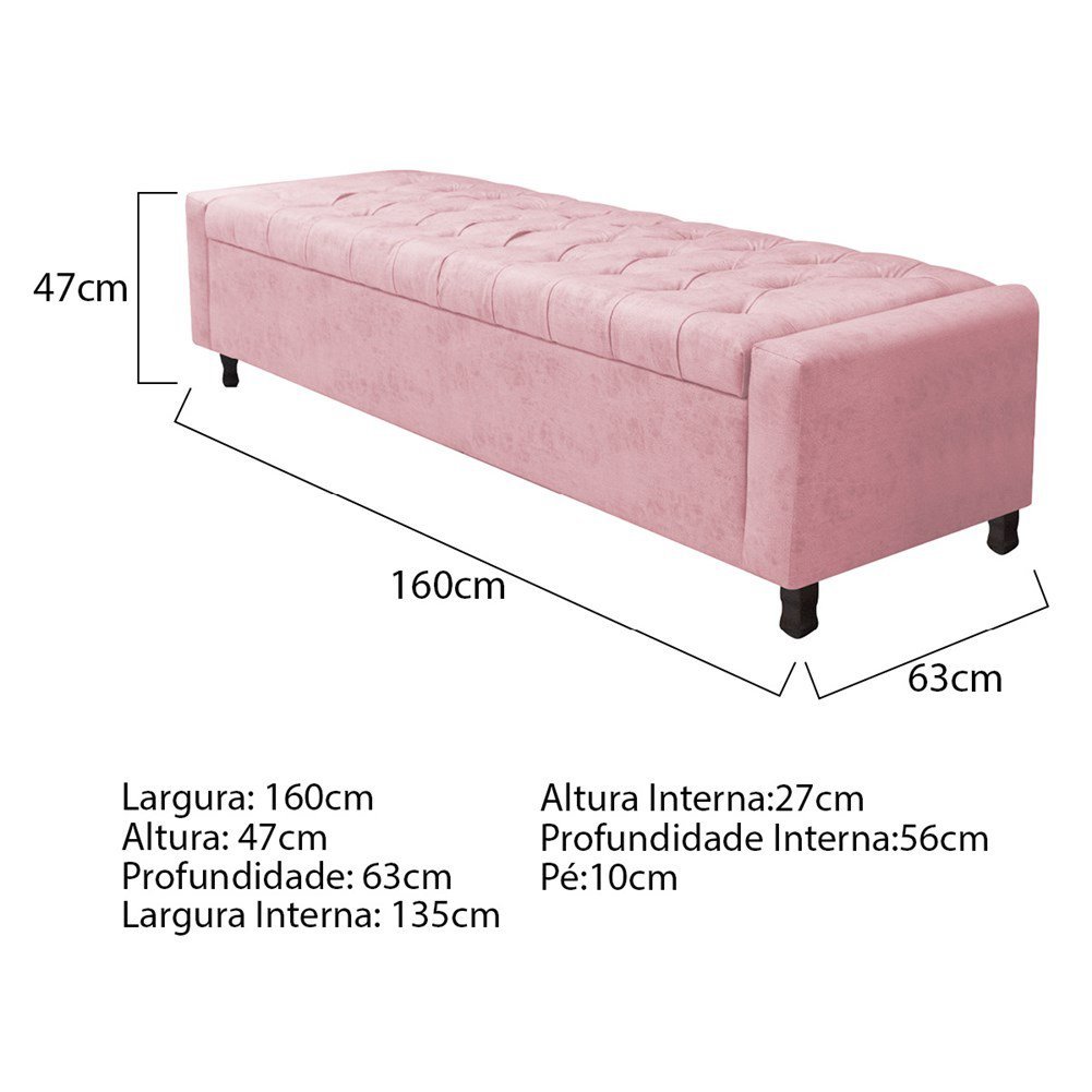 Kit Cabeceira e Calçadeira Baú Queen Everest P02 160 Cm para Cama Box Suede Rosa Bebê - Amarena - 7