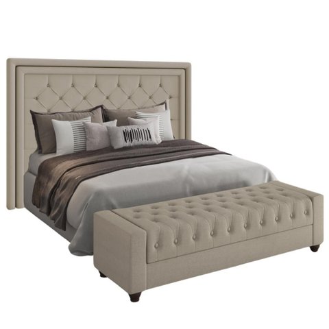 Conjunto Cabeceira Padano + Puff Baú Bellmont 1,40m em Linho Bege com Articulador Larbelle Móveis