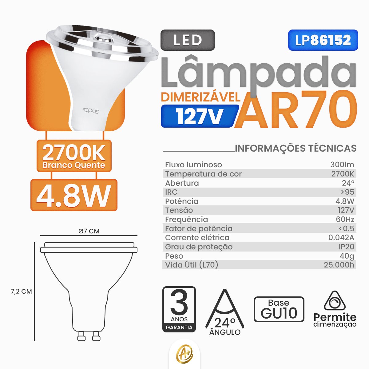 Lâmpada Led Ar70 Base Gu10 4.8w 2700k Dimerizável Irc 95 127v - 3