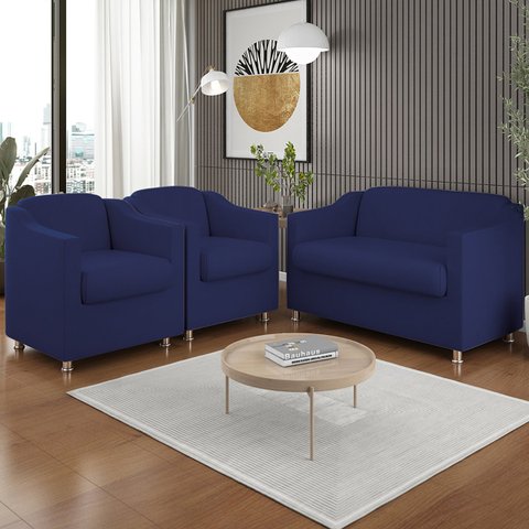 Kit 2 Poltronas Decorativas Tilla + Namoradeira Sala de Estar Cor:azul Marinho