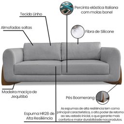 Sofa Jolie 3 Lugares 220cm Pes Boomerang Linho 214 Cinza Ezz - 3