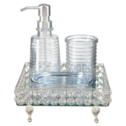 Kit Lavabo Banheiro Saboneteira Líquida Bandeja Cristal Luxo