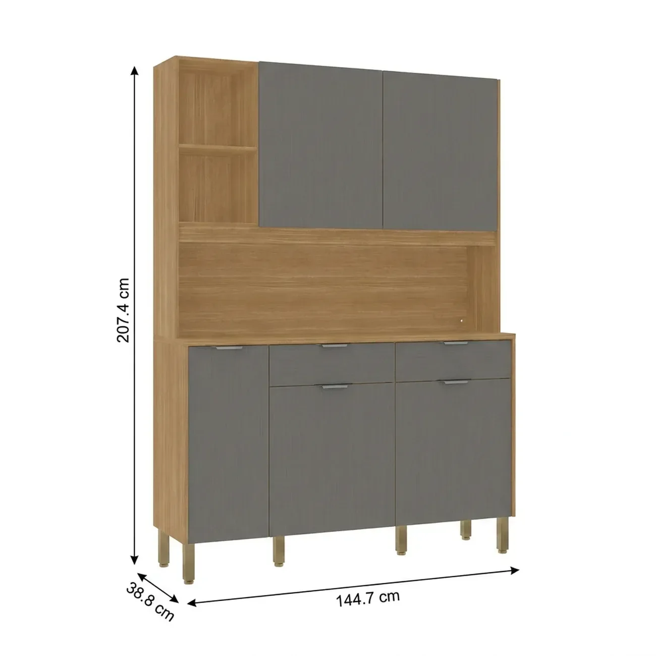 Ver imagem 3 de Cozinha Compacta 5 Portas 2 Gavetas 144,7cm Flora Cinza Freijó/Gris Cinza