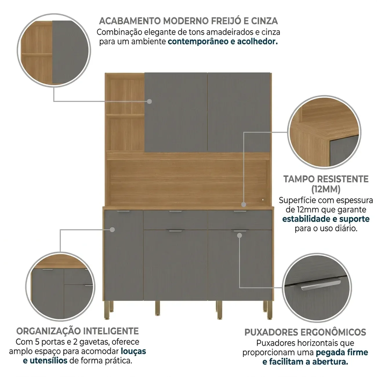 Ver imagem 5 de Cozinha Compacta 5 Portas 2 Gavetas 144,7cm Flora Cinza Freijó/Gris Cinza