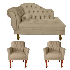 Kit Divã Recamier Sofá Imperial 120 Cm + 2 Poltronas Suede:capuccino