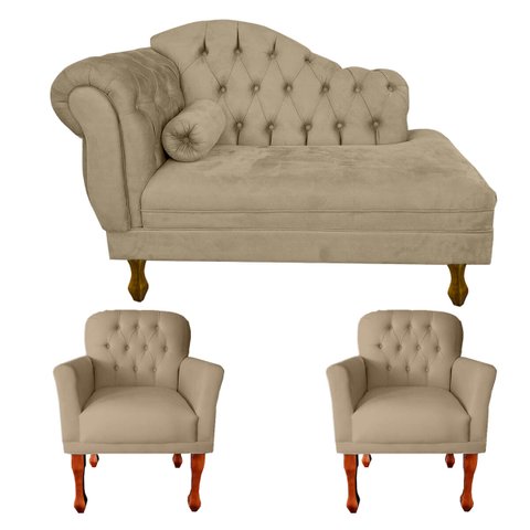 Kit Divã Recamier Sofá Imperial 120 Cm + 2 Poltronas Suede:capuccino