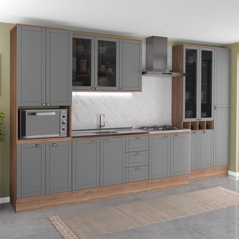Cozinha Completa com Balcão Milla Uptown 17 Portas 3 Gavetas 380cm Nogal com Cinza Titânio Móveis