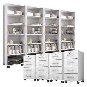 Kit 4 Gaveteiros para Escritório Gávea com Chave e 4 Livreiros Office Branco Fosco – Móveis Leão