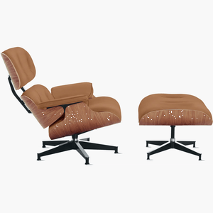 Poltrona Charles Eames com Banqueta Madeira Freijó em Couro Legítimo Caramelo