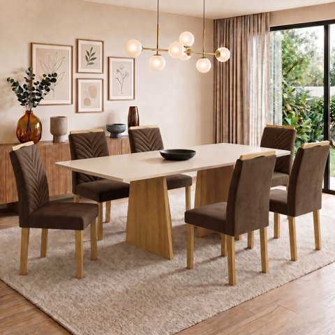 Conjunto Sala de Jantar 6 Lugares Retangular Tampo MDF 160x80cm Mesa Lyra e Cadeiras Carol
