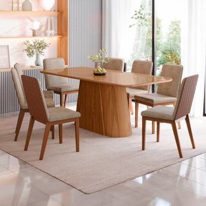 Conjunto Mesa de Jantar Olivia com Vidro e 8 Cadeiras Pietra Henn - Nature/corano Caramelo/creme