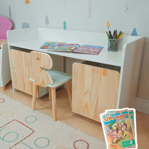 Escrivaninha Infantil Bancada Organizadora g - Dinossauro Kit Livro Educativo em Madeira - Pinus