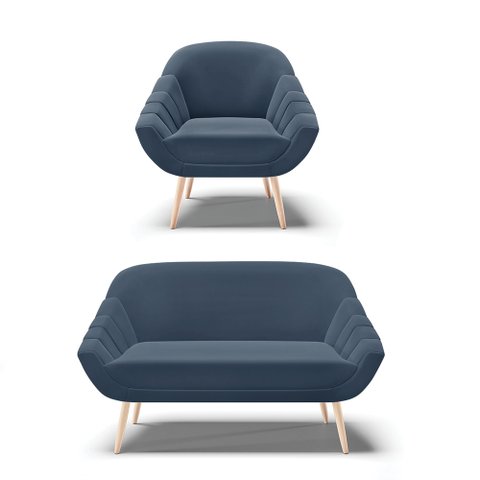 Kit 01 Namoradeira 02 Lugares e 01 Poltrona Giovana Suede Azul Marinho Pés Palito Natural - D'