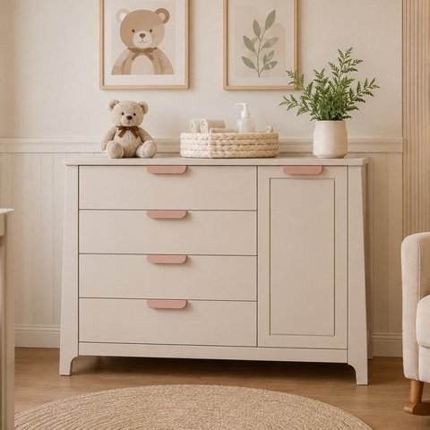 Comoda para Quarto Infantil 4 Gavetas Porta com Cabideiro Theo Bege/Areia/Rose