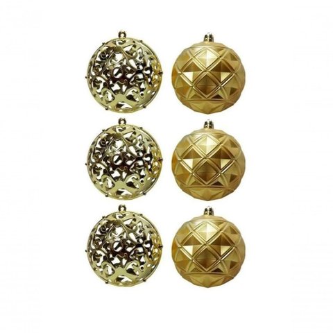 Jogo com 06 Bolas Mista Fosca Arabesco Vazado 8cm Dourado