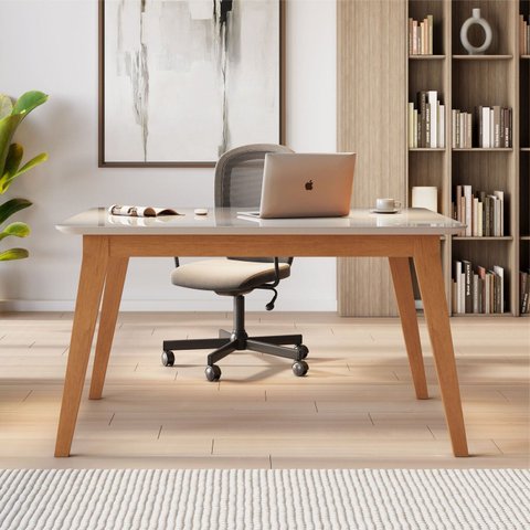 Escrivaninha Mesa Escritório 80cm Madeira Maciça Tampo com Vidro Elegance Cinamomo e Off White Branco