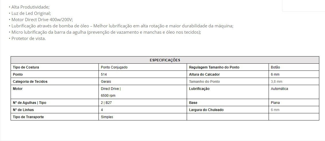 Ponto Conjugado Industrial (overlock 4 Fios)-direc Drive - - 4