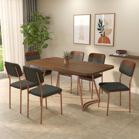Conjunto Sala de Jantar Cannes 6 Lugares Tampo MDP com Cadeiras em Aço Rosê 170cm Móveis Carraro