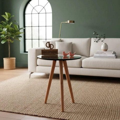 Mesa de Canto Pés Palito Amadeirado com Espelho Redondo MDF 60cm Preto