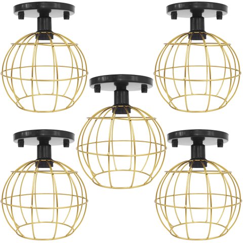 5 Lustres Teto Plafon Industrial Aramado Globo Dourado Retrô Luminária Vintage Preto Agp Ilumini