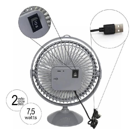 Mini Ventilador de Mesa 7,5W 2 Velocidades Cinza USB Silencioso Portátil Bivolt