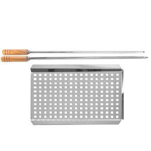 Kit Grelha Perfurada para Carnes e Vegetais 37x29cm Aço Inox com 2 Espetos Simples 85cm Domama