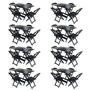 Kit 8 Jogos de Mesa com 4 Cadeiras de Madeira Dobrável 120x70 para Bar e Restaurante - Preto