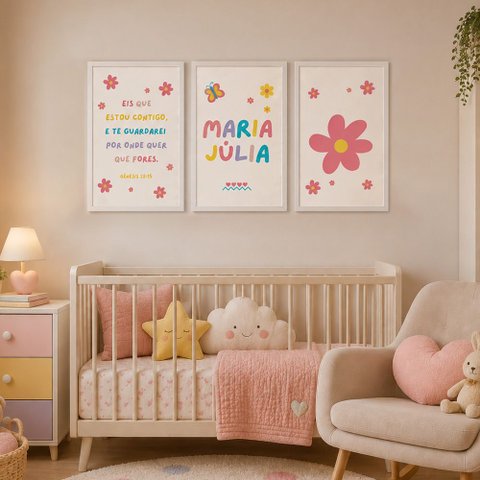 Kit Quadros Infantil com Nome - Flores:20x30/Moldura Branca