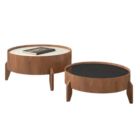 Conjunto Mesa de Centro Anna Redonda Lamina de Madeira Tampo com Vidro 60cm e 50cm