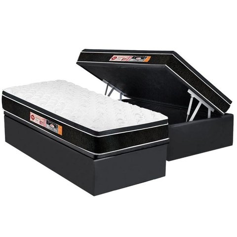Cama Box Baú Solteiro: Colchão Espuma Castor D33 Black e White Air Euro Pillow + Base CRC Suede Gray