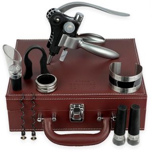 Abridor de Vinho Saca Rolha Profissional + Acessórios Premium - Maleta Couro Marrom