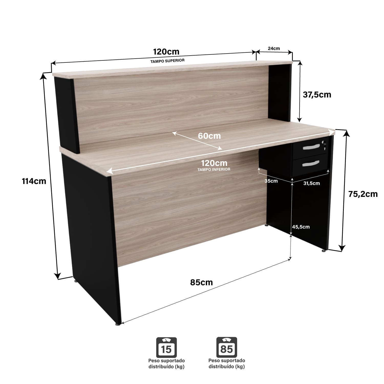 Balcão Atendimento Recepção Consultório 1200x600 C/gaveteiro - Dubai - 5